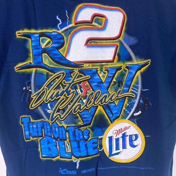 Rusty Wallace #2 Blue Thunder Turn On The Blue Chase Authentics XL Navy T-Shirt - Picture 4 of 8
